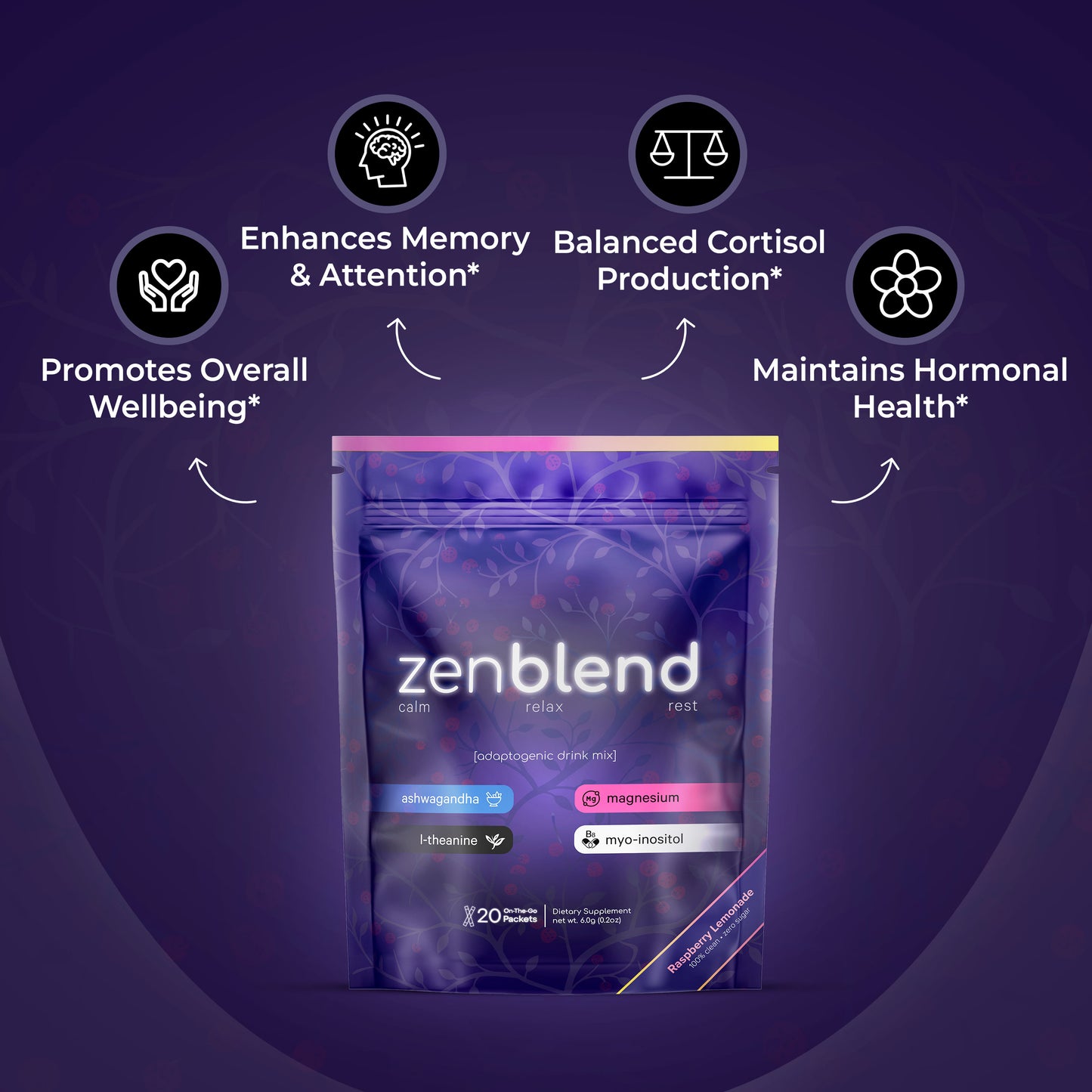 Denali Zenblend Anti-Cortisol Powdered Drink Mix, Raspberry Lemonade, L Theanine, Ksm-66 Ashwagandha, Magnesium Glycinate, Myo-Inositol Supplements for Relaxation & Focus, No Sugar, Non GMO, On The Go, 20 Ct Beverage Mixed Natural