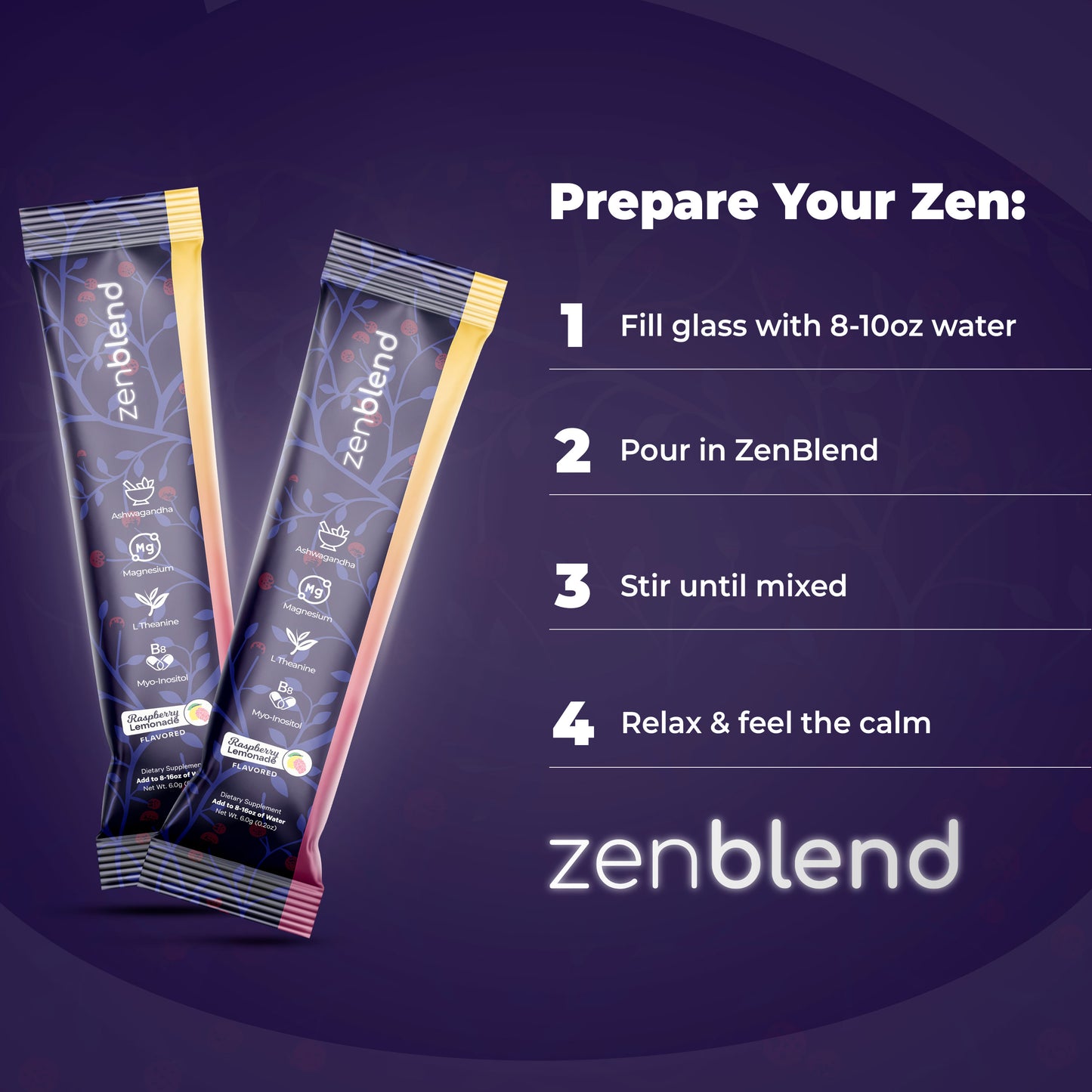 Denali Zenblend Anti-Cortisol Powdered Drink Mix, Raspberry Lemonade, L Theanine, Ksm-66 Ashwagandha, Magnesium Glycinate, Myo-Inositol Supplements for Relaxation & Focus, No Sugar, Non GMO, On The Go, 20 Ct Beverage Mixed Natural