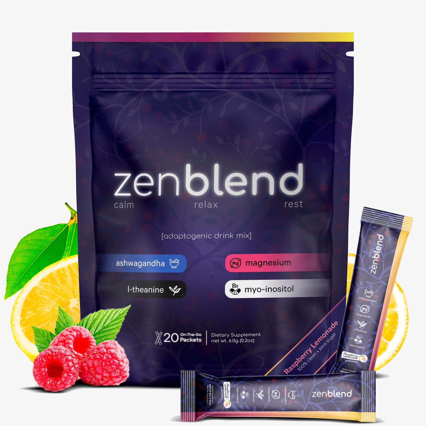 Denali Zenblend Anti-Cortisol Powdered Drink Mix, Raspberry Lemonade, L Theanine, Ksm-66 Ashwagandha, Magnesium Glycinate, Myo-Inositol Supplements for Relaxation & Focus, No Sugar, Non GMO, On The Go, 20 Ct Beverage Mixed Natural