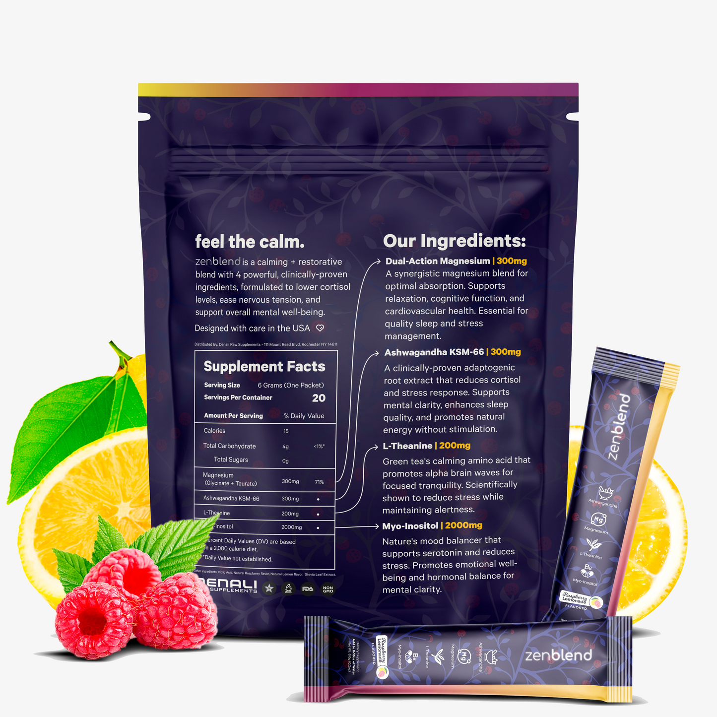 Denali Zenblend Anti-Cortisol Powdered Drink Mix, Raspberry Lemonade, L Theanine, Ksm-66 Ashwagandha, Magnesium Glycinate, Myo-Inositol Supplements for Relaxation & Focus, No Sugar, Non GMO, On The Go, 20 Ct Beverage Mixed Natural